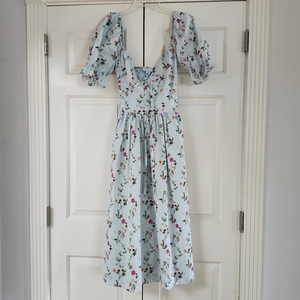 Hill House Home Ophelia pond Floral blue puff sleeves dress cottagecore XS
